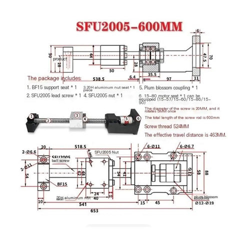 Low Backlash Ball Screw SFU2005 600mm For CNC Machines Ultra Smooth Rolling Friction Rock Solid Build In Bearing Steel drawing