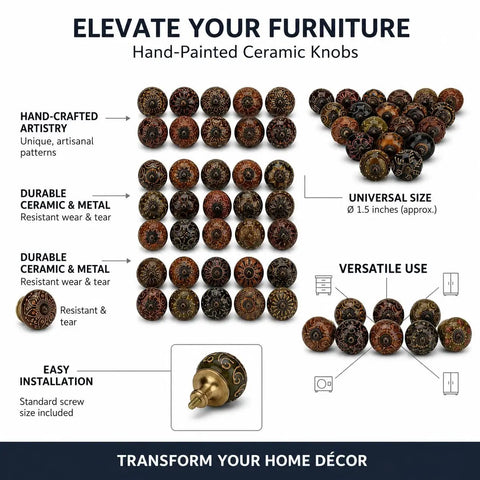 Top Notch Hand Painted Ceramic Cabinet Knobs And Drawer Pulls Pack Of Twelve Chic Boho Style Furniture Handles With Included Screws displayed in various patterns and colors.