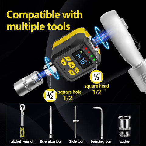 Half Inch Drive Digital Torque Adapter With Buzzer And LED Indicator For Boss Level Precision, 7.5 To 147.5 Foot Pounds Or 10 To 200 Newton Meters, Converts To Quarter And Three Eighth Inch Adapters, Includes Calibration Certificate connected to tool.