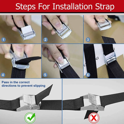 Installation steps for adjusting straps with metal buckles, demonstrating correct and incorrect methods.