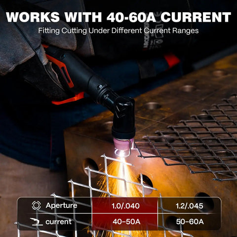 AG-60 Plasma Cutter Torch Consumables Kit 24 Pcs.040 In use with metal grid showing welding process.