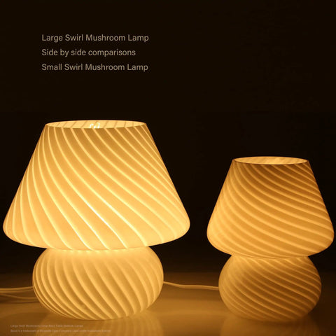 Large and small Swirl Mushroom Lamp with Vintage Striped Murano Glass, soft warm white LED night light comparison in dark setting.