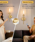 Set Of Two Rechargeable Battery Operated Wall Sconces Featuring Gold Glass Shades showcasing touch and remote controls for easy dimming.