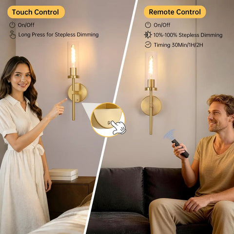 Set Of Two Rechargeable Battery Operated Wall Sconces Featuring Gold Glass Shades showcasing touch and remote controls for easy dimming.