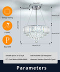 Diagram of Modern Crystal Chandelier With LED Light Fixture That Elevates Your Living Room Bedroom And Dining For Real Chrome And White Finish 15.7 Inch Diameter Easy Install Dimmable Glow showing dimensions and specifications.