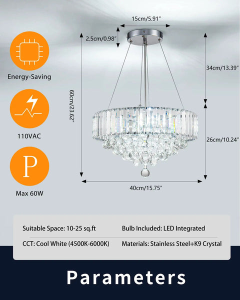 Diagram of Modern Crystal Chandelier With LED Light Fixture That Elevates Your Living Room Bedroom And Dining For Real Chrome And White Finish 15.7 Inch Diameter Easy Install Dimmable Glow showing dimensions and specifications.