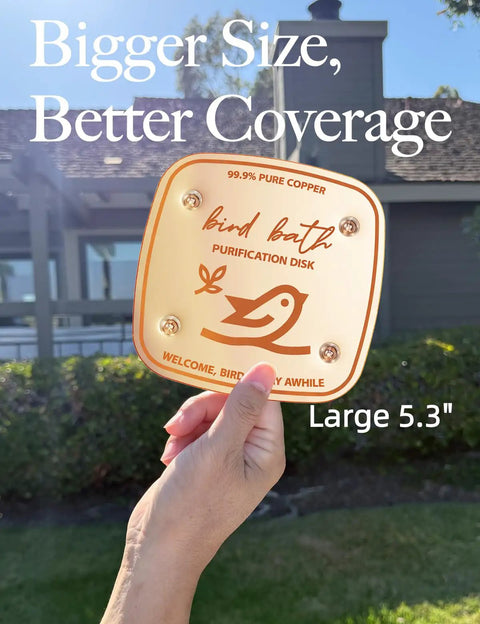 Copper Disk Bird Bath Purifier For Clean Water All Season, 5.3 inch wide, held outdoors against a house view.