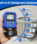 Digital HVAC Manifold Gauge Tool For R454B R134A R410A R1234yf All In One Refrigerant Filling Vacuum Test And Leak Detection handheld digital gauge showing R134 readout