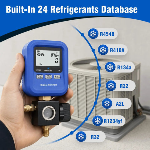 Digital HVAC Manifold Gauge Tool For R454B R134A R410A R1234yf All In One Refrigerant Filling Vacuum Test And Leak Detection handheld digital gauge showing R134 readout