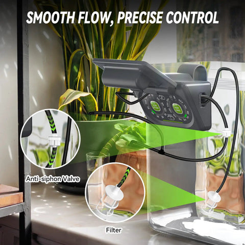 Programmable Solar Drip Irrigation System for Indoor Houseplants with auto shut off and dual power, showing anti-siphon valve and filter.