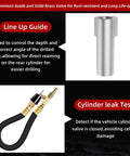 CLLOMAGY 38900 two-valve tool kit components: line-up guide, cylindrical metal sleeve, and brass fittings hose