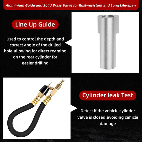 CLLOMAGY 38900 two-valve tool kit components: line-up guide, cylindrical metal sleeve, and brass fittings hose