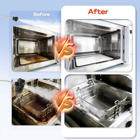 Beast 2500W Handheld Steam Cleaner With Pressurized 105C Steam, showing before and after cleaning of kitchen oven and fryer.