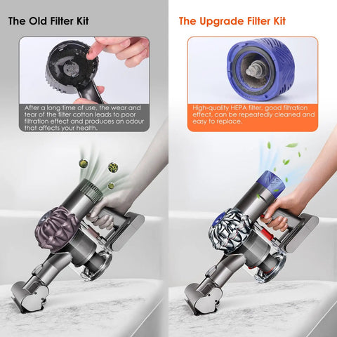 Motor Rear Cover and Pre and Post HEPA Filter Set for Dyson V6 Vacuum Cleaner Upgrade Kit comparison with old filters