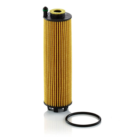 Premium Engine Oil Filter Cartridge HU 6028 Z Direct Drop In Replacement For Mercedes Benz with rubber seal, upright view.