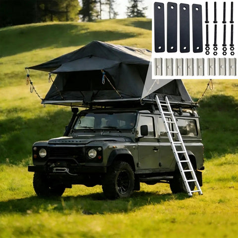 Heavy Duty Roof Rack Mounting Kit With 28 Piece Hardware Set For Rooftop Tents on SUV in a grassy landscape, includes stainless blocks