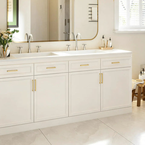 Modern bathroom with white cabinets featuring 25 Pack Six And A Quarter Inch Brushed Brass Cabinet Handles Set, Durable Rust Resistant Gold Hardware