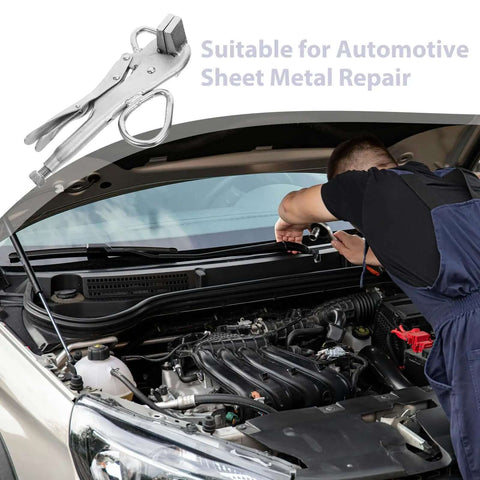 Mechanic using Auto Body Frame Pulling Clamp With Extra Wide Duckbill Jaw on car engine, suitable for sheet metal repair