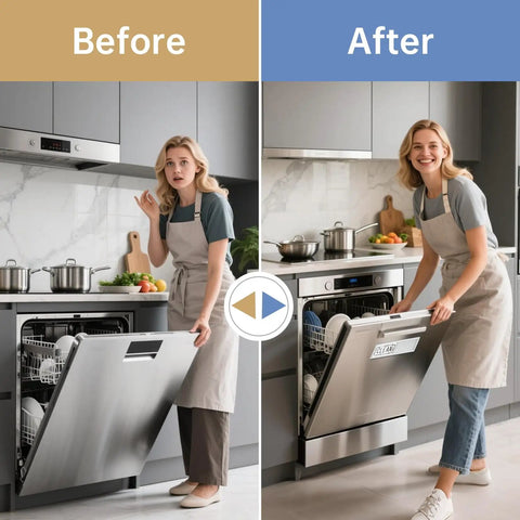 Woman using Dishwasher Clean Dirty Magnet Sign With Slide Tab in modern kitchen, before and after scene shown on dishwasher