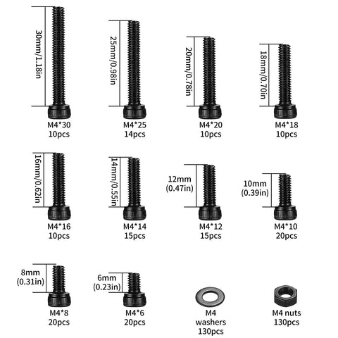 Metric M4 Hex Socket Head Cap Screws Bolts Nuts And Washers Assortment Kit with various sizes displayed in black oxide finish.