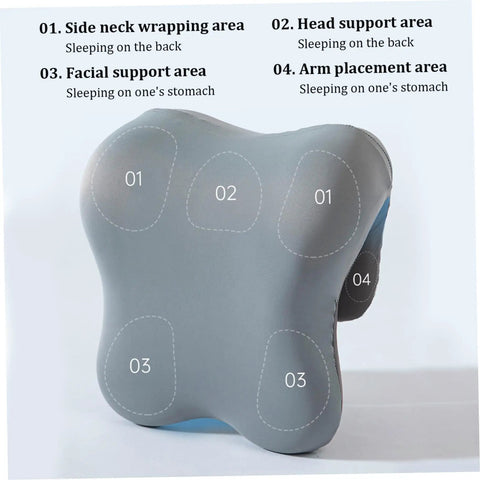 Ergonomic Memory Foam Neck Pillow Headrest for Office Chair with labeled support areas for back and stomach sleeping.
