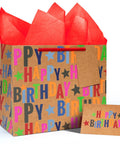 Large Kraft Birthday Gift Bag With Tissue Paper And Card 13 Inch Wide Horizontal Gift Tote With Colorful Happy Birthday Stars Design