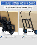 Folding hand truck with expandable chassis on the left and non-expandable cart with blue wheels on the right (two configurations).