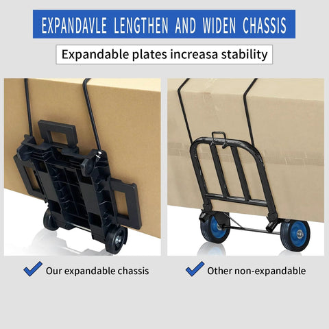 Folding hand truck with expandable chassis on the left and non-expandable cart with blue wheels on the right (two configurations).