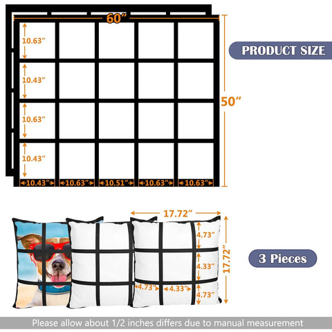 Two Pack 60x50 Sublimation Blankets With 20 Panel Heat Press Friendly For Custom Photos And Personalized Printable Baby Flannel Throws Plus 3 Pillow Covers For DIY Home Sofa Bed And Decor shown in grid layout with measurements.