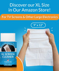 Front view of iCloth XL screen cleaner box with a hand holding a 9 in x 12 in white cleaning wipe