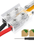 2 Pin 8mm LED Strip Connector Solderless Kit For 12V 24V White Single Color Tape Lights, Transparent LED Strip Connectors With Screwdriver, Easy Strip To Wire, Compatible With Most SMD LED Tape Light Strips. clear 2-pin connector with red and black wires
