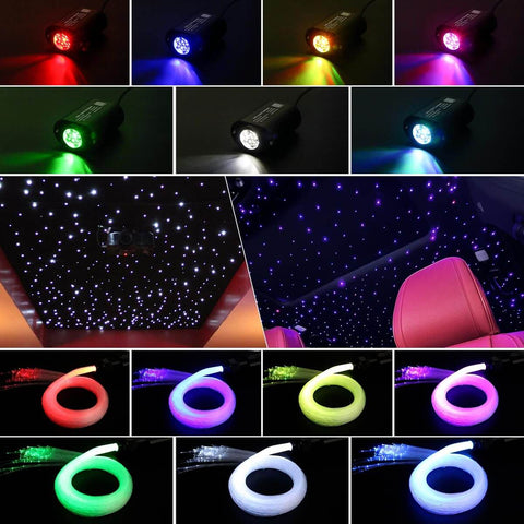 Mini 6W RGBW Fiber Optic Star Ceiling Kit with Music Activated Twinkle Lights for car and home decor, showing light effects.