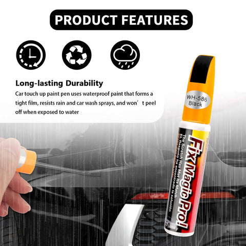 2-In-1 Car Touch Up Paint Pen With Brush And Nib For Quick Scratch Fixes next to a scratch being repaired on a car bumper