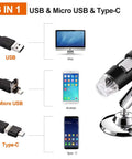 Handheld Digital Microscope 40X To 1000X With 8 LED Endoscope Camera Carrying Case And Solid Metal Stand Compatible With Android Windows 7 8 10 11 Linux Mac Not For iPhone iPad Great For Tiny Details And Gearheads. 3-in-1 USB, Micro USB, Type-C adapters