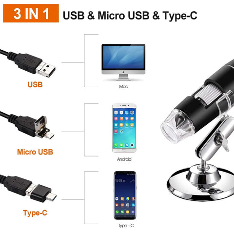 Handheld Digital Microscope 40X To 1000X With 8 LED Endoscope Camera Carrying Case And Solid Metal Stand Compatible With Android Windows 7 8 10 11 Linux Mac Not For iPhone iPad Great For Tiny Details And Gearheads. 3-in-1 USB, Micro USB, Type-C adapters