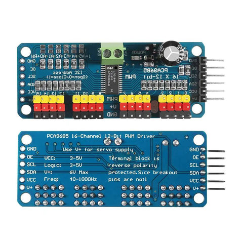 Top and bottom view of PCA9685 16 Channel 12 Bit PWM Servo Driver Board With I2C Interface For Raspberry Pi And Microcontrollers