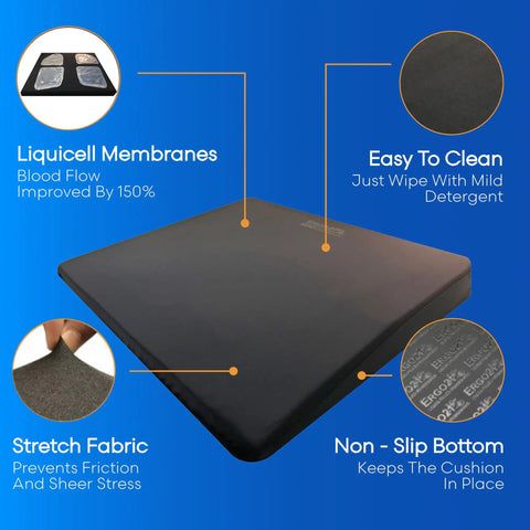 Ergo21 LiquiCell Seat Cushion 2 Inches Thick showing Liquicell membranes and non-slip bottom for tailbone pain relief.
