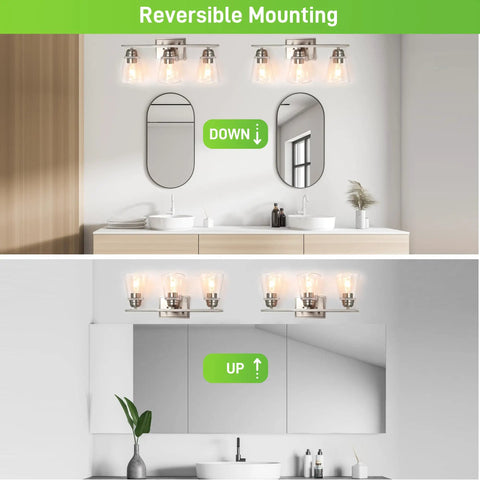 Top and bottom views of 3 Light Vanity Light With 5 Piece All In One Bathroom Set In Brushed Nickel And Clear Glass Shade Includes Towel Bar Towel Ring Toilet Paper Holder And Robe Hook 20 Inch Modern Wall Sconce For Mirror Bedroom And Living Room