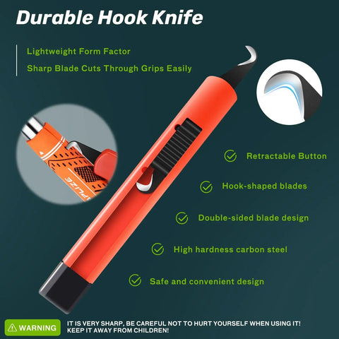 Durable hook knife from Golf Grip Regrip Kit With 5oz Solvent 15 Grip Tapes Hook Blade And Rubber Vise Clamp showing features