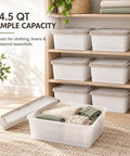 Crushing Clutter Game Changer Heavy Duty Plastic Storage Totes With Secure Snap On Lids 6 Pack, 14.5 QT bins for organizing linens.