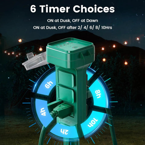 Rock Solid Outdoor Lighting Timer Featuring Dusk To Dawn Photocell Sensor With Six Weatherproof Outlets For String Lights, showing timer settings.