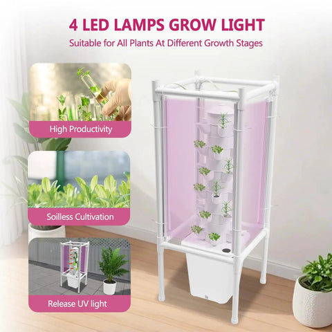 Vertical Hydroponics Tower Kit For Indoor Garden 30-Plant No-Fuss Space-Saving Garden Tower With LED Grow Light in use