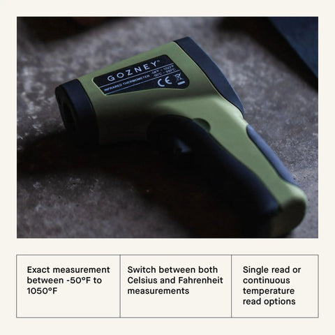 Infrared Thermometer With Built In Laser For Precise Temperature Readings, LED Display, Non Contact Measurement, Wireless Convenience, 9V Battery Included, Great For Pizza Ovens, Grills, And Home Kitchens. Green handheld infrared thermometer on countertop.