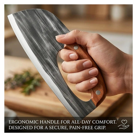 Hand Forged High Carbon Steel Chef Knife And Cleaver Set For Kitchen, BBQ And Camping, ergonomic grip detail