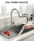Top Shelf Brushed Nickel Kitchen Faucet With Pull Down Sprayer And Three Spray Modes Built From Solid Stainless Steel For A Slick Finish And Zero Hassle Maintenance That Keeps Your Sink Looking Dope, 20-inch gooseneck faucet in action.