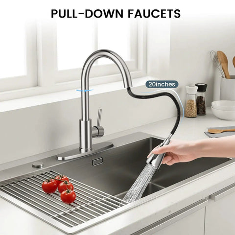 Top Shelf Brushed Nickel Kitchen Faucet With Pull Down Sprayer And Three Spray Modes Built From Solid Stainless Steel For A Slick Finish And Zero Hassle Maintenance That Keeps Your Sink Looking Dope, 20-inch gooseneck faucet in action.