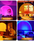 Collage of Sunset Lamp With Remote And 360 Degree Rotation, RGB Multicolor Projection in dining, living, office, and bedroom