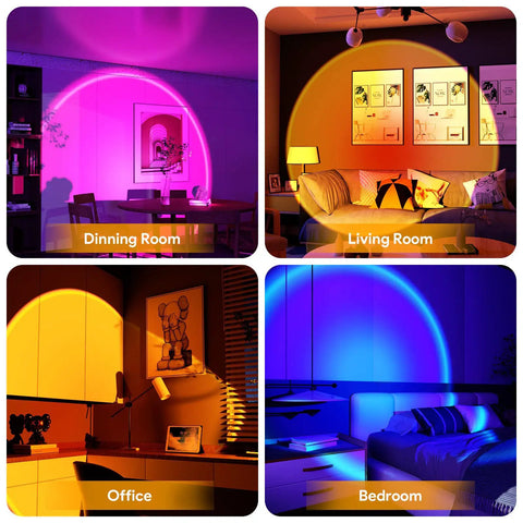 Collage of Sunset Lamp With Remote And 360 Degree Rotation, RGB Multicolor Projection in dining, living, office, and bedroom