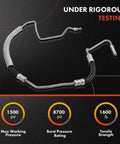 Power Steering Pressure Hose Line Assembly For Cadillac DeVille DTS Seville V8 4.6L With Hydraulic Brake Booster Pump End Leakage Free High Pressure Replacement Hose shown under testing conditions, with pressure ratings indicated.