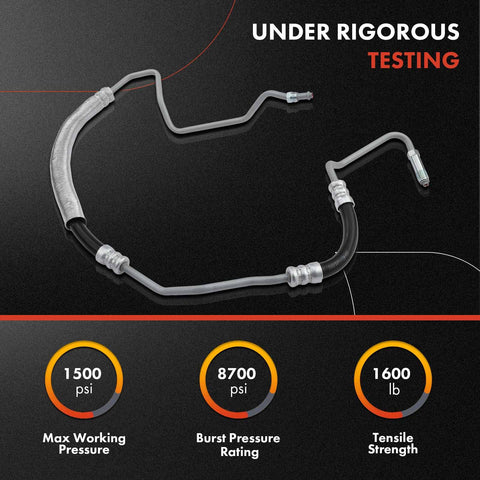 Power Steering Pressure Hose Line Assembly For Cadillac DeVille DTS Seville V8 4.6L With Hydraulic Brake Booster Pump End Leakage Free High Pressure Replacement Hose shown under testing conditions, with pressure ratings indicated.